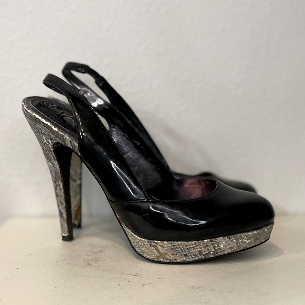 Charles David Black & Snake Print Slingback Platform Heels